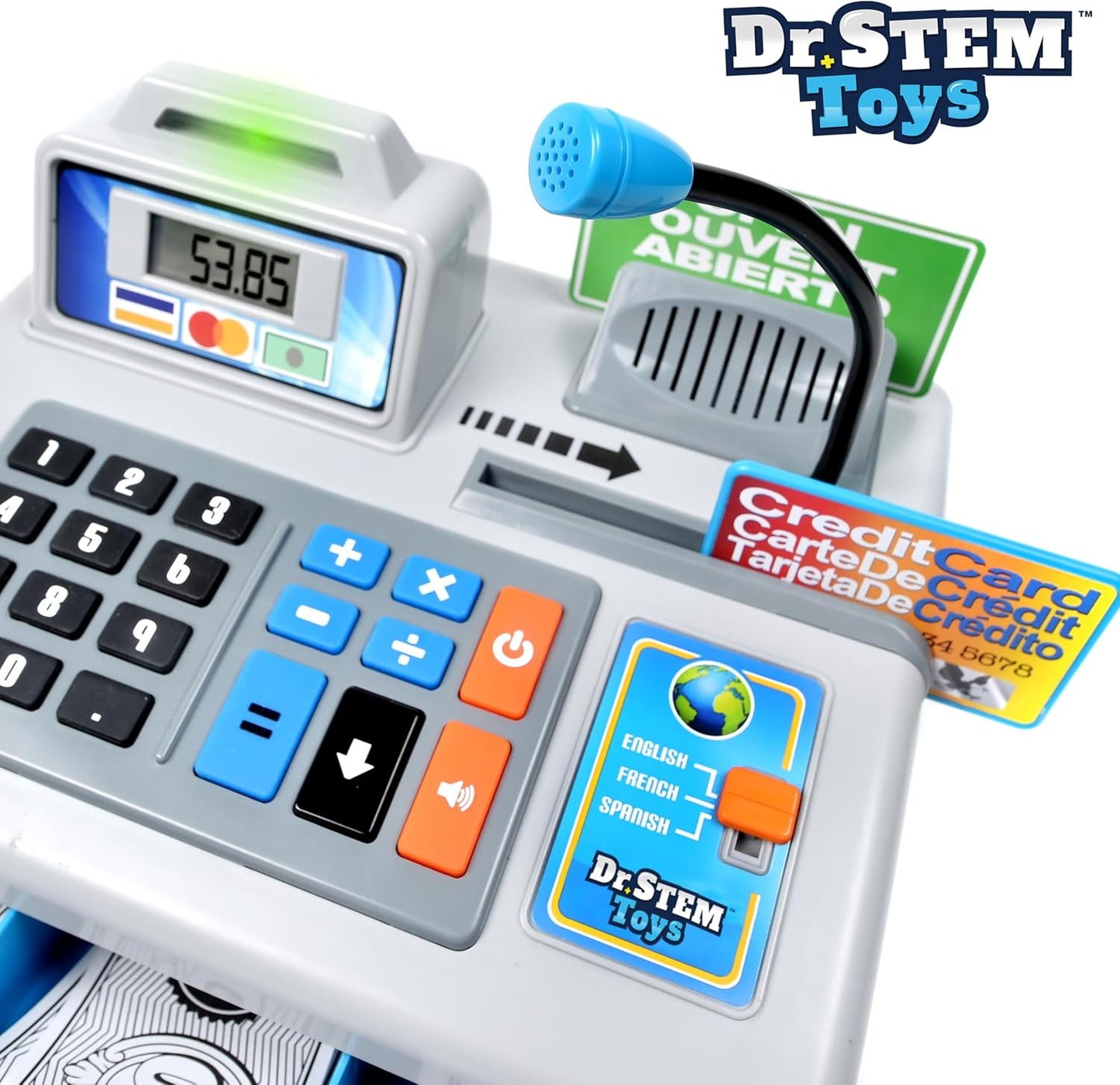 Dr. STEM Toys Talking Toy Cash Register, STEM Learning 69 Piece Pretend Store with 3 Languages, Paging Microphone, Credit Card, Bank Card, Play Money and Banking for Kids (Silver)