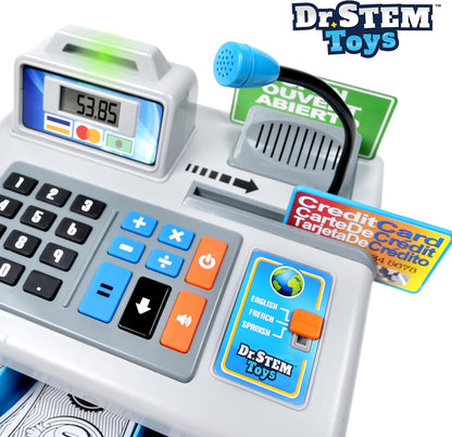 Dr. STEM Toys Talking Toy Cash Register, STEM Learning 69 Piece Pretend Store with 3 Languages, Paging Microphone, Credit Card, Bank Card, Play Money and Banking for Kids (Silver)
