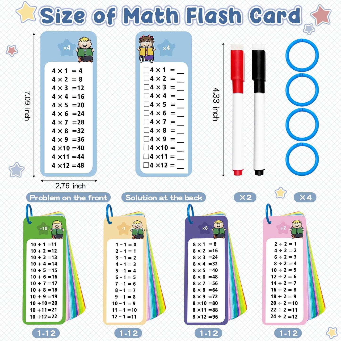 1-12 Multiplication Flash Cards, Large Math Table Flashcards, Including 15 Cards, 2 Dry Erase Markers, 1 Rings, Educational Times Table Flashcards for Classroom Home, for 1st to 3rd Grades