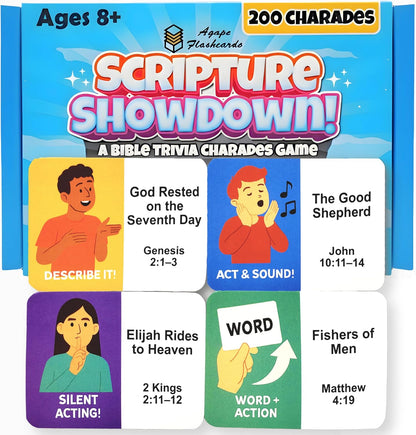 Bible Trivia Charades Game, Scripture Showdown for Families, Teens, Adults, 200 Challenge Cards, Faith Based Party Activity, Christian Game Night, Youth Group Icebreaker, Bible Study, Christian Gifts