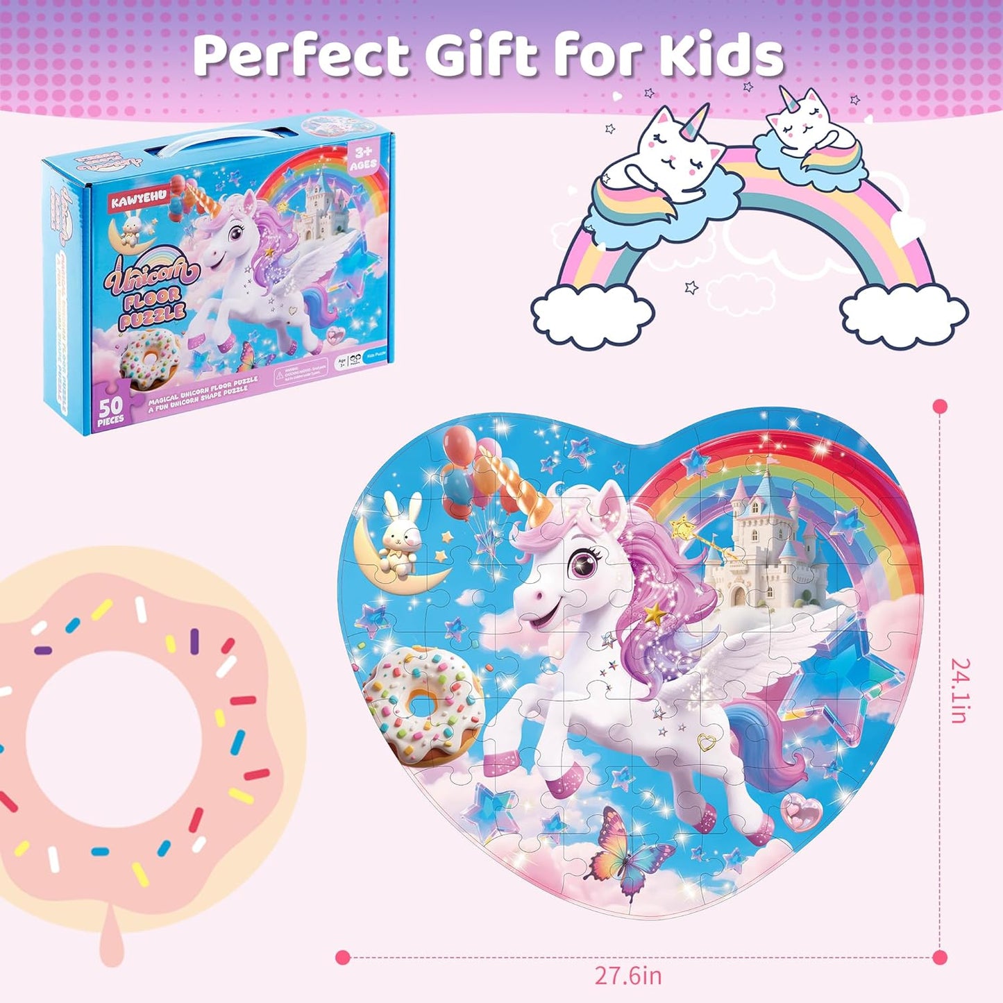 Floor Puzzles for Kids Ages 3-5, Unicorn Puzzles for Toddler Ages 4-6, 50 Pieces Jumbo Puzzles with Box, Unicorn Toys for Gifts 3-8 Years Old