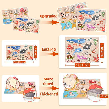 Wooden Peg Puzzles for Toddlers 1-3, 2 Pcs Montessori Puzzles, Animal & Sea Themes Puzzles, Great Preschool Educational Learning Gifts for Girls and Boys