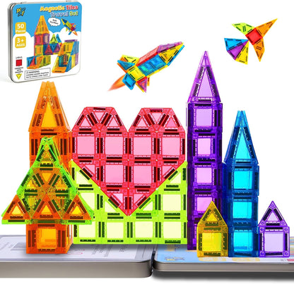 Enjoyjoy Mini Magnetic Tiles - 50PCS Travel Magnetic Tiles Set with Metal Case Portable On-The-Go Magnet Tiles for Kids Magnet Building Blocks Ages 3+ Boys and Girls Christmas Birthday Gift