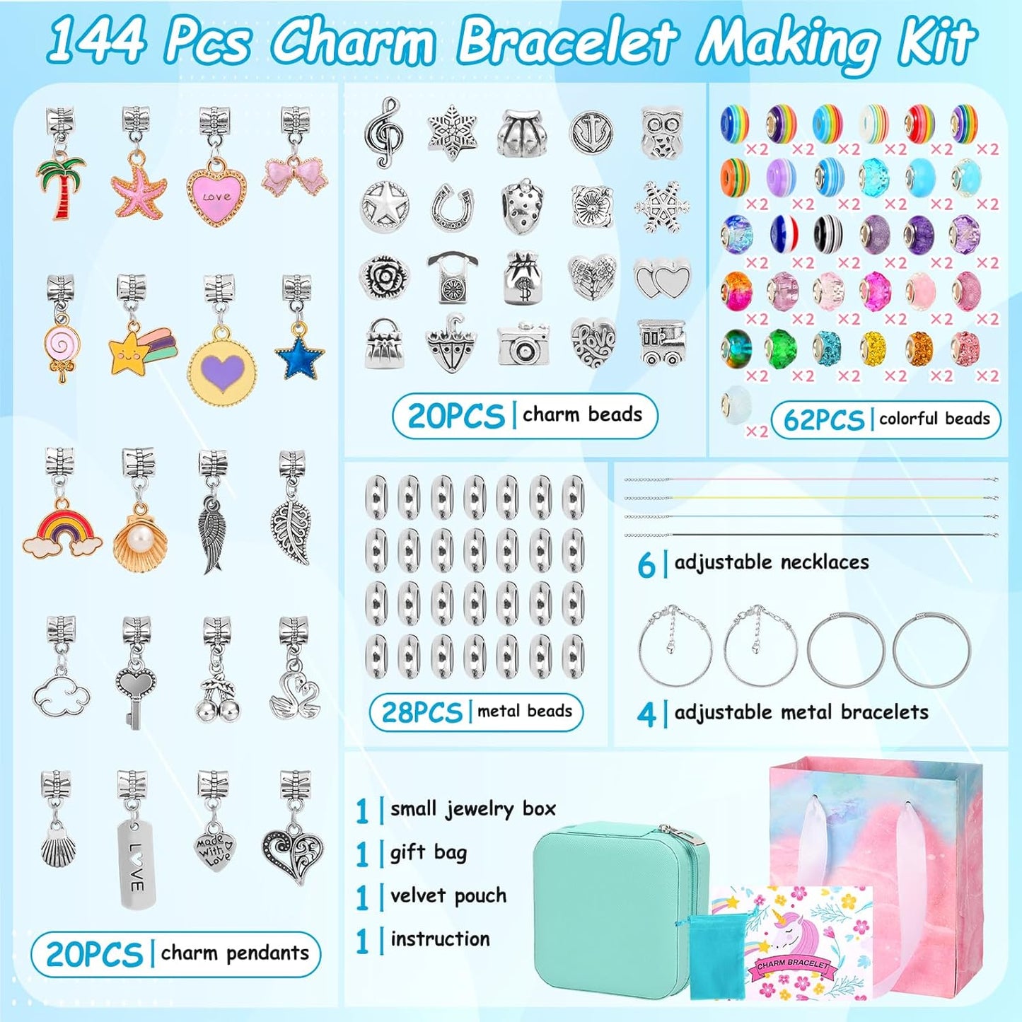 LifeisLuck Charm Bracelet Making Kit, 140 PCS DIY Craft Bead Sets Jewelry Making Kit, Portable Bracelet Organizer Gift Box for Teenage Birthday Christmas Stocking White Elephant Gift Exhange