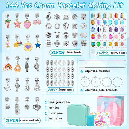 LifeisLuck Charm Bracelet Making Kit, 140 PCS DIY Craft Bead Sets Jewelry Making Kit, Portable Bracelet Organizer Gift Box for Teenage Birthday Christmas Stocking White Elephant Gift Exhange