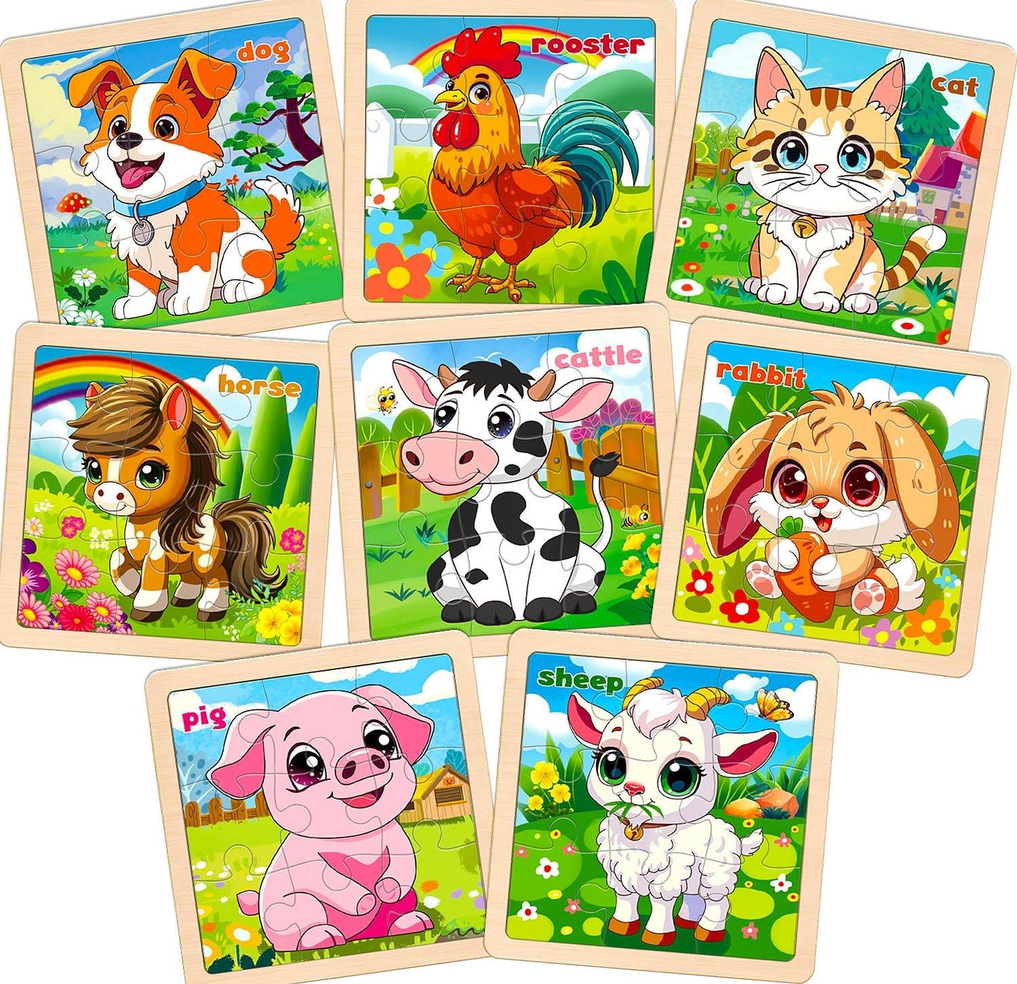 Wooden Animals Puzzles for Toddlers 2-4, 8 Pack 9 PCS Jigsaw Puzzles for Kids 2-4, Wooden Puzzles for Toddlers 3-5, Animal Puzzles for Kids 3-5, Preschool Puzzles Learning Educational Sets Toys