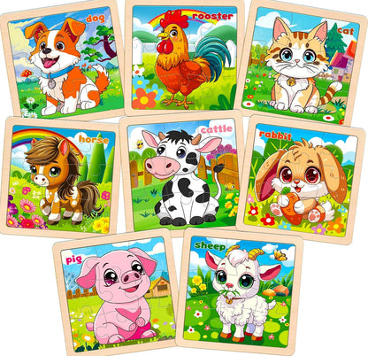 Wooden Animals Puzzles for Toddlers 2-4, 8 Pack 9 PCS Jigsaw Puzzles for Kids 2-4, Wooden Puzzles for Toddlers 3-5, Animal Puzzles for Kids 3-5, Preschool Puzzles Learning Educational Sets Toys