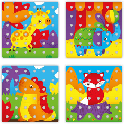 Quercetti Jumbo Peggy Stacking and Button Art Toy - Medium Set includes Illustrated Pattern Cards, 9 Linking Peg Boards and 36 Multi-Color Pegs, for toddlers and kids ages 2-4 years