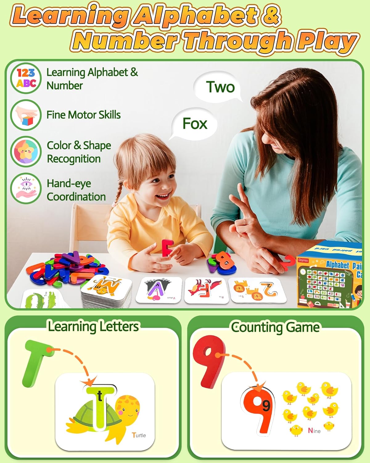 Gojmzo Alphabet Flash Cards, ABC Learning Toys for Kids 3-5, Wooden Letters Number Blocks Sight Words Matching Game, Montessori Educational Toys for 3+ Year Old, Toddler Preschool Learning Activities