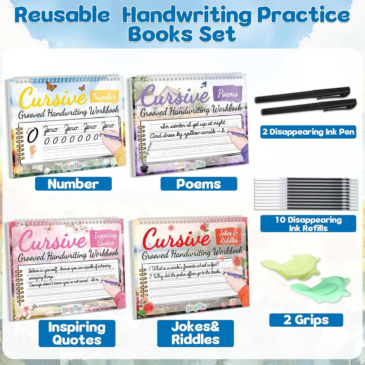gisgfim 4 Pack Grooved Cursive Handwriting Workbook Kit Magic Reusable Grooved Handwriting Practice with Disappearing Ink Pens Cursive Workbook for Kids Number Poems Jokes & Riddles Inspiring Quotes