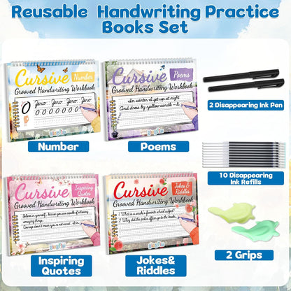 gisgfim 4 Pack Grooved Cursive Handwriting Workbook Kit Magic Reusable Grooved Handwriting Practice with Disappearing Ink Pens Cursive Workbook for Kids Number Poems Jokes & Riddles Inspiring Quotes