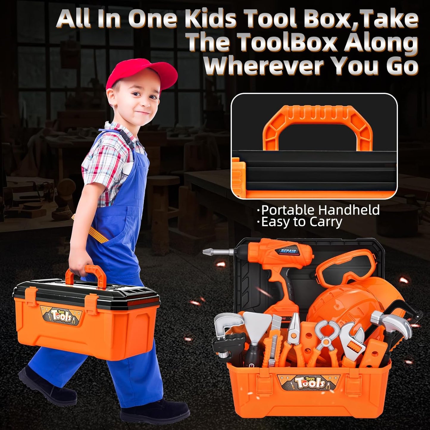 Kids Tool Set 49 PCS, Portable Tool Bag with Battery Powered Toy Drill & Adjustable Belt, Pretend Play Toddler Tool Set, Construction Toys for Boys & Girls Age 3-8, STEM Gifts