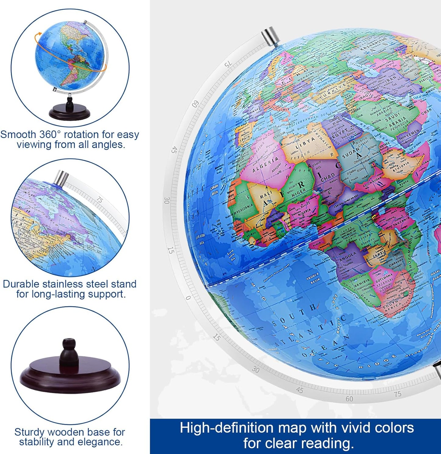 World Globe for Kids Learning, 8 inch Interactive Spinning Earth Globe for Children with Stand, Self-Assembled World Globes for Educational Geography Decorative Kids Room, Classroom, Adults Office