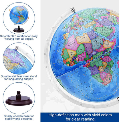 World Globe for Kids Learning, 8 inch Interactive Spinning Earth Globe for Children with Stand, Self-Assembled World Globes for Educational Geography Decorative Kids Room, Classroom, Adults Office