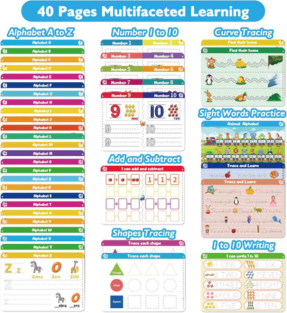 Handwriting Practice Tracing Books for Kids Ages 3-5, Montessori Preschool Learning Activity, Autism Educational Learn Number Letters Shapes Animal & Sight Words Workbook with 8 Dry Erase Markers