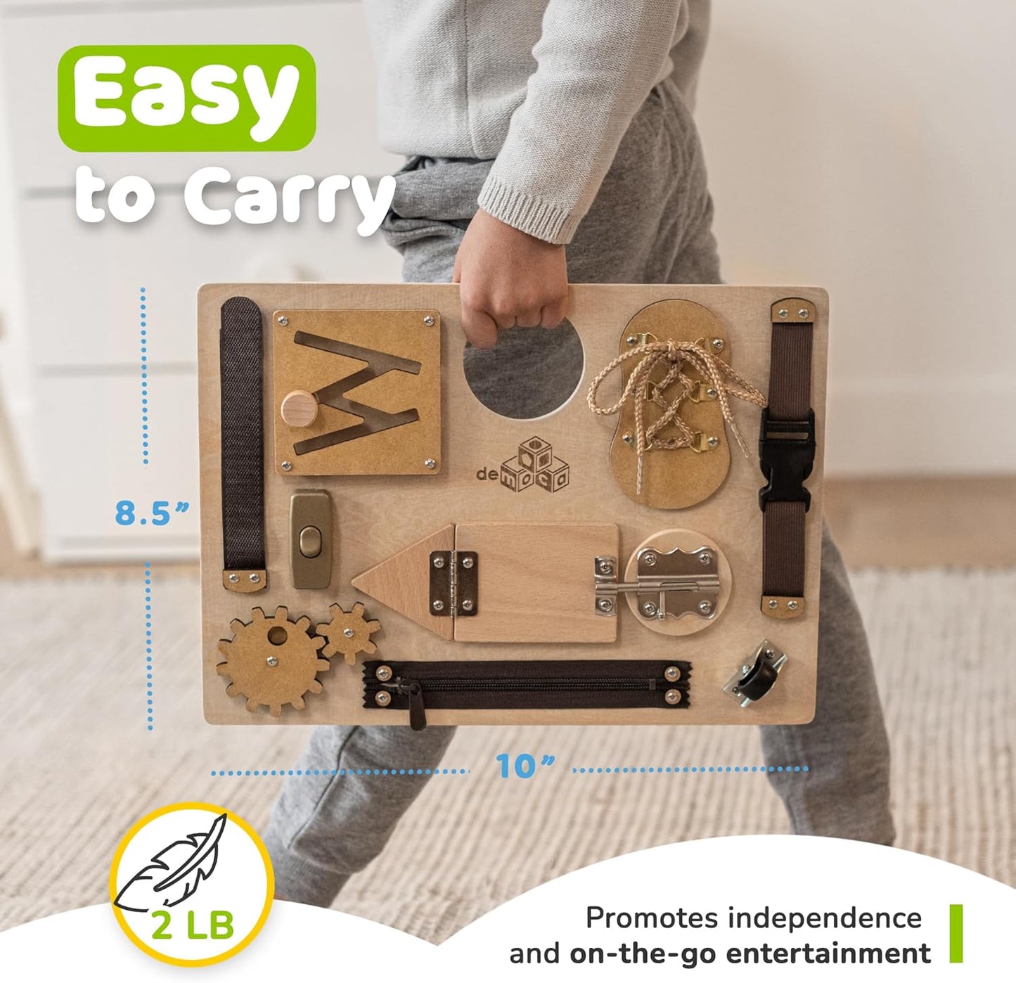 deMoca Toddler Busy Board for 1 Year Old, Travel Baby Wooden Montessori Busy Board for Toddlers 1–3, Switch and Fidget Activities for Early Motor Skills and Travel Play