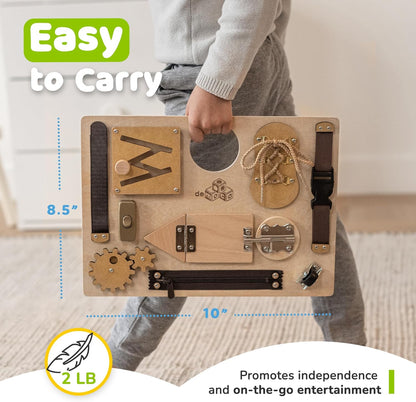 deMoca Toddler Busy Board for 1 Year Old, Travel Baby Wooden Montessori Busy Board for Toddlers 1–3, Switch and Fidget Activities for Early Motor Skills and Travel Play