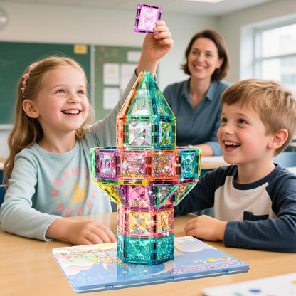 Magnetic Tiles Building Blocks for Kids Ages 3-8, Diamond Surface Travel Set with Metal Storage Box, 60PCS STEM Montessori Educational Learning Toys Gifts