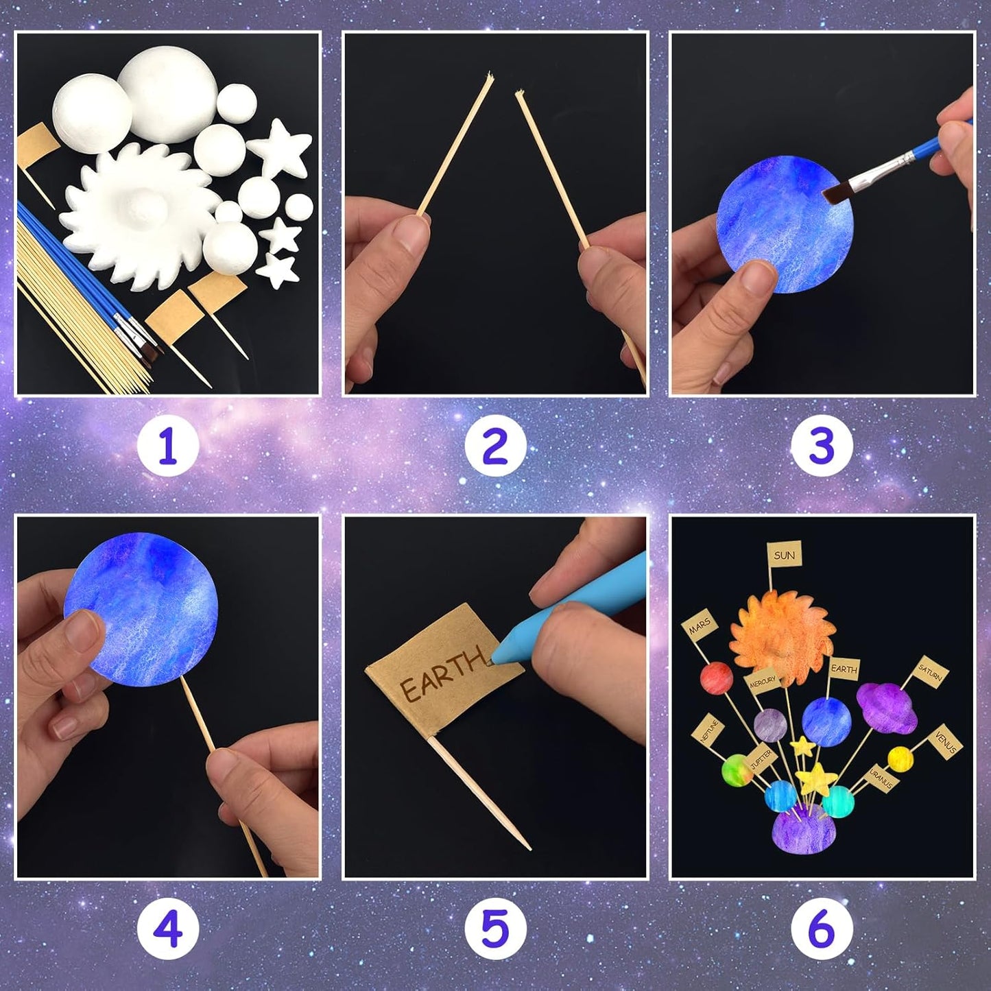 100 Pieces Solar System Model Foam Ball Kit Includes Mixed Sized Polystyrene Balls Toothpick Flag Bamboo Sticks Painting Brushes for School Science Project DIY Planet Handcraft