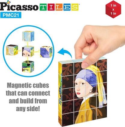 PicassoTiles Magnetic Cube Puzzle 7-in-1 Dinosaur Theme Pattern Magnet Mix Match Building Cubes Toy Set Kids Ages 3 & Up Preschool Children Promote Problem Solving Skills PMC10