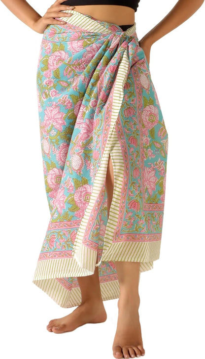 100% Cotton Sarong Cover Up for Women Indian Block Print Beach Wrap Skirt Long Boho Swimsuit Bikini Pareo (73” x 43”)