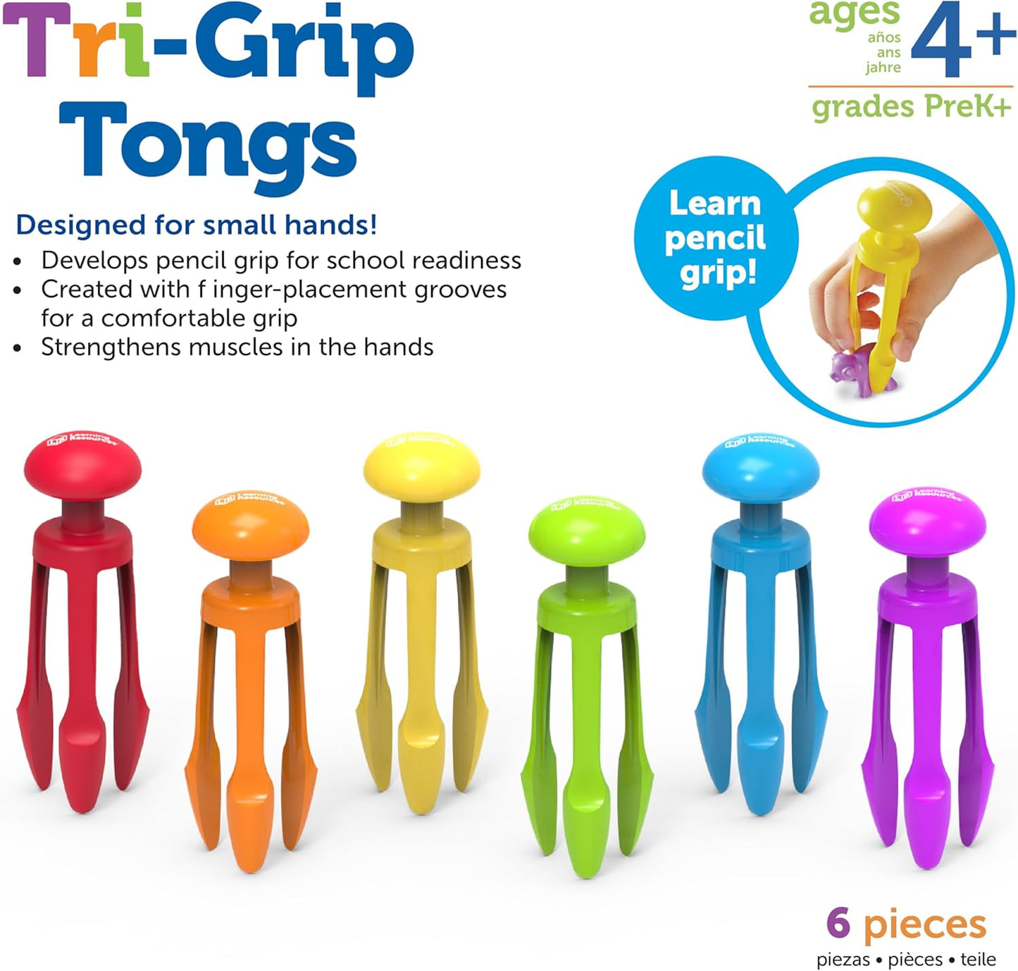 Learning Resources 3 Prong Tong, Pencil Grip Tongs, Sensory Bin, Fine Motor Toy, Set of 6, Ages 4+