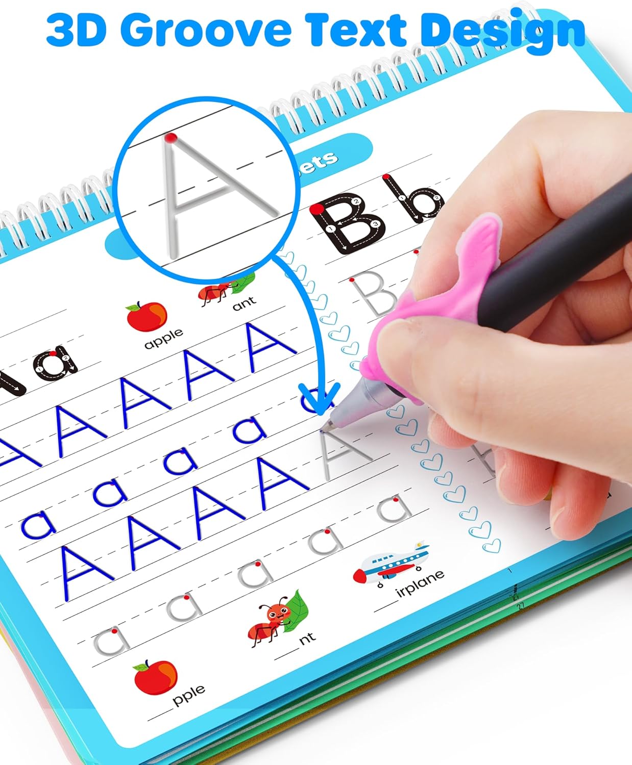 D-FantiX 4 in 1 Large Magic Grooved Writing Practice for Kids Age 3-5, Reusable Grooved Handwriting Practice for Kids 5-7, Learn to Write Number Letter Tracing Books for Kids Kindergarten Preschool