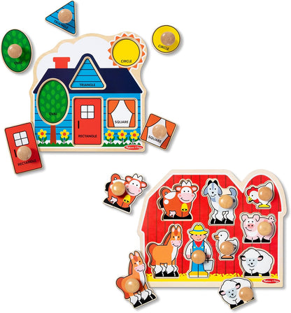 Melissa & Doug Wooden Jumbo Knob Puzzle 2-Pack for Baby and Toddler Boys and Girls – Large Farm, First Shapes