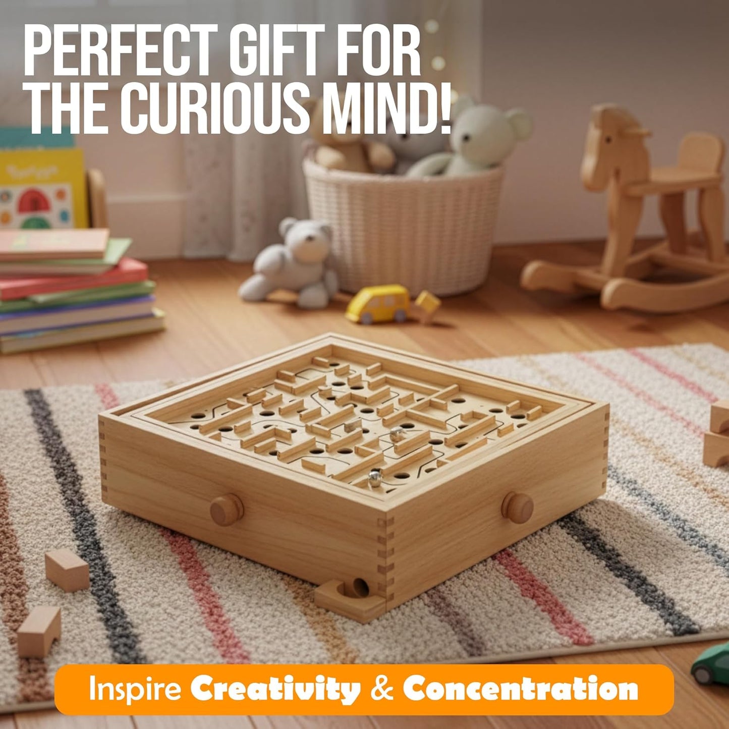 STERLING Wooden Labyrinth Marble Maze Game, Large 12.75" x 11.5" Tilt Maze Game Board with 60 Waypoints and Marble Balls Included, for Kids and Adults 6 Years and Up