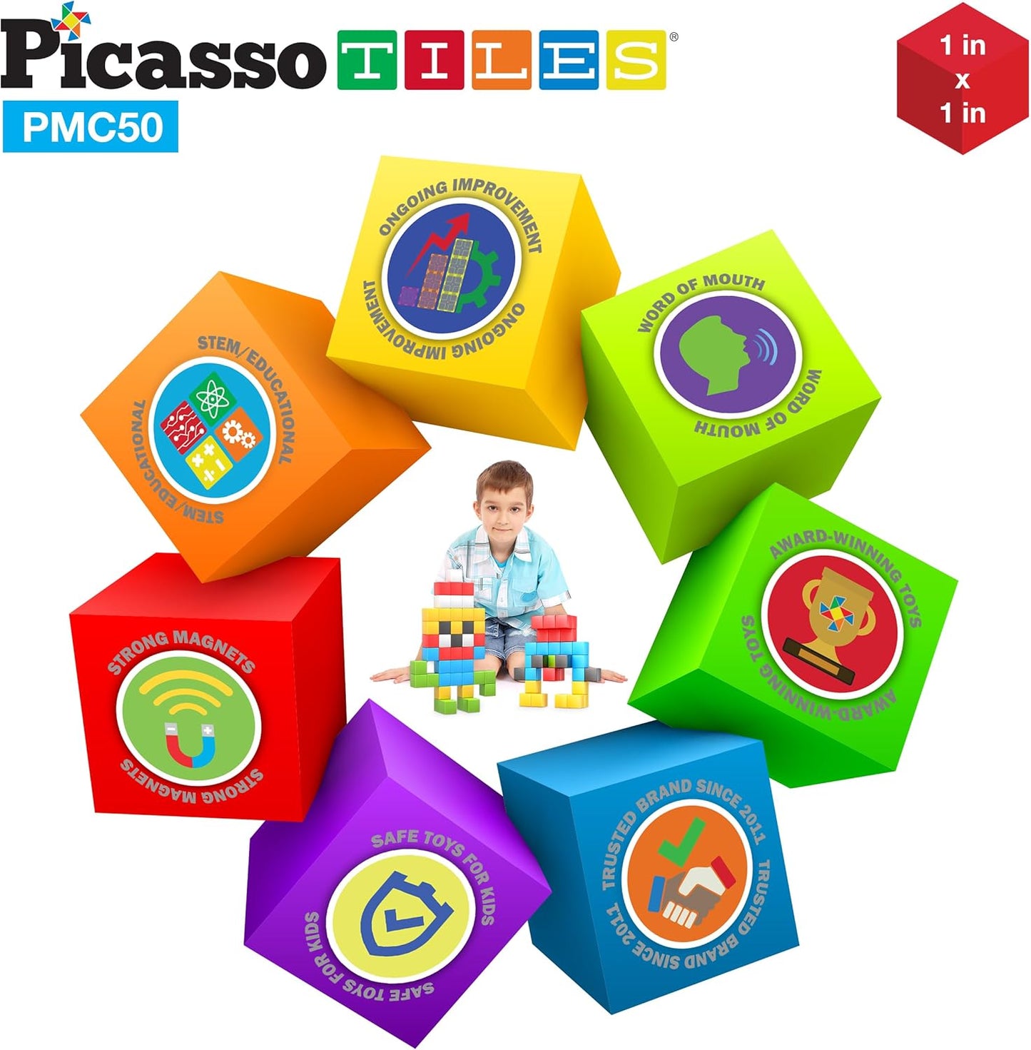 PicassoTiles 60pc Magnetic Puzzle Cube Building Set 1 Inch 3D Blocks STEM Construction Toy for Toddlers Kids Boys Girls Age 3+ Montessori Learning Travel Sensory Gift with Educational Idea Book PMC60