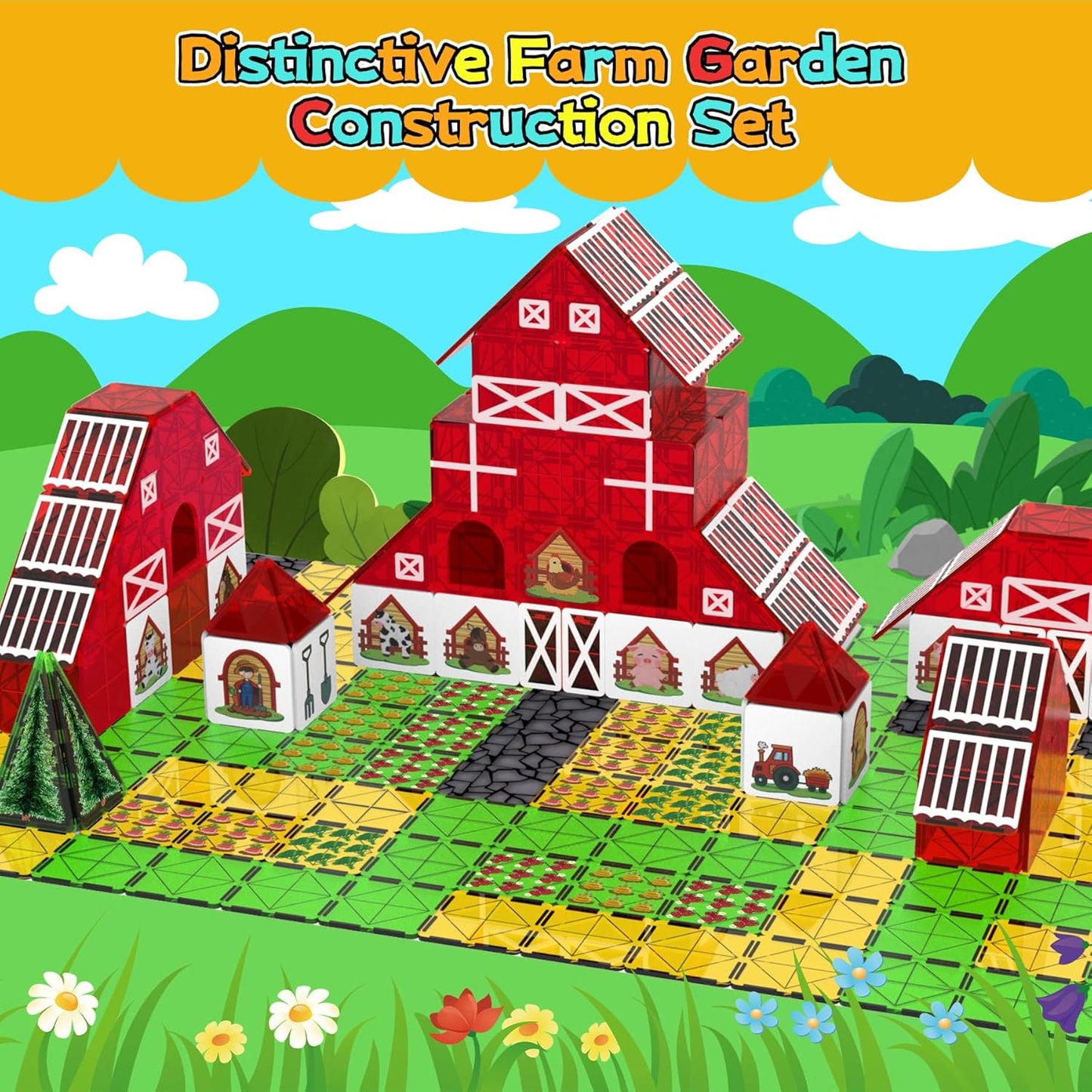 SKTMYY Magnetic Tiles Construction Toys with Road & Crane & Marble Run, Double-Sided Fire Station & Building Magnet Tiles for Kids Ages 4-8, STEM Magnetic Blocks Gifts for 3 4 5 6 7 8 Year Old Boys