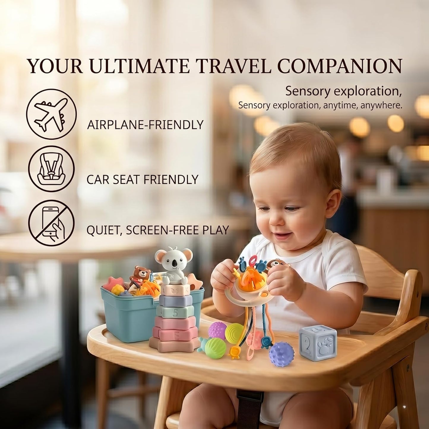 Montessori Sensory Activity Toy for Babies 6-18Months - Silicone Pull String Activity & Fine Motor Skill Development Toy - Travel-Friendly Stroller & High Chair Toys for Infants, Easy-Clean Design
