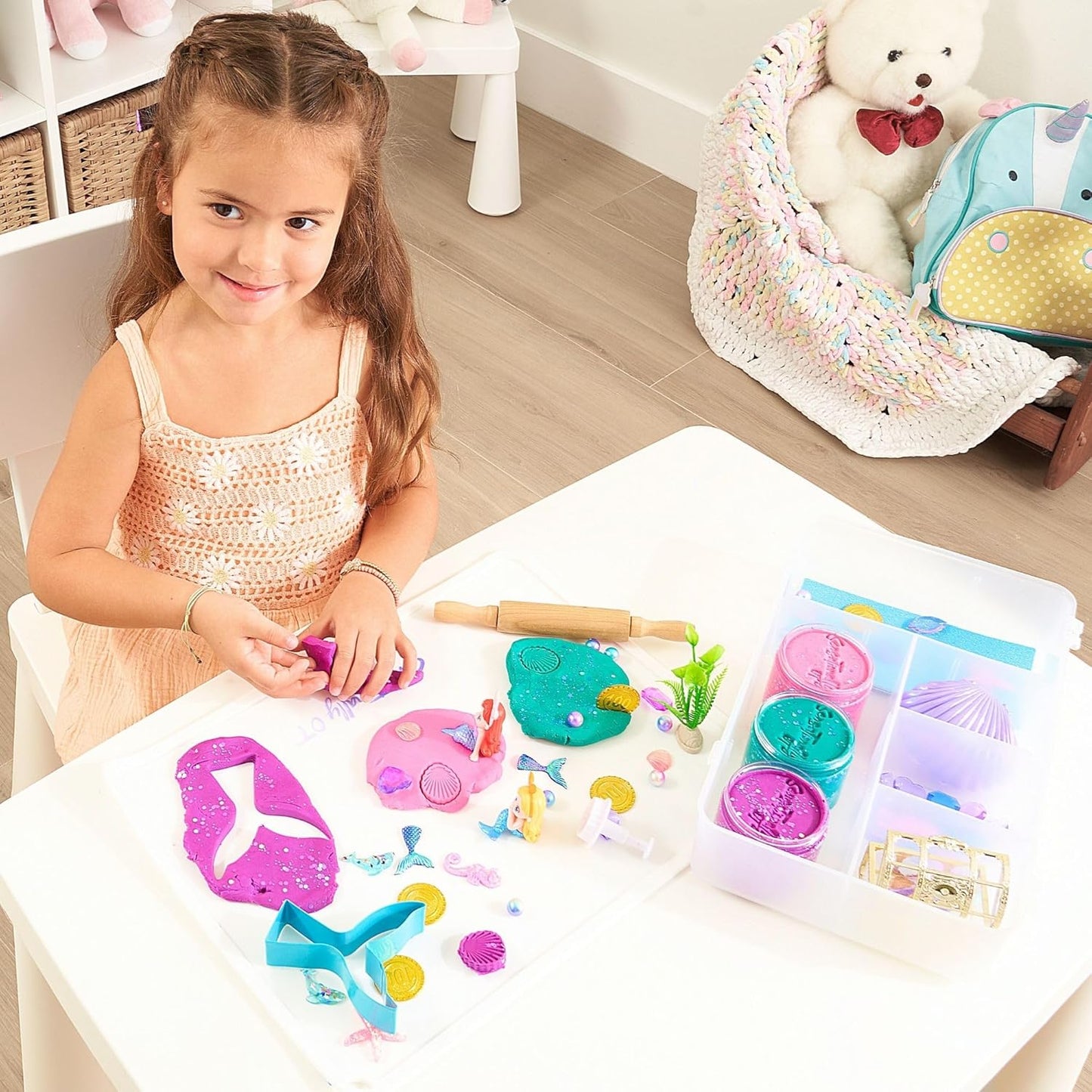 Unicorn Sensory Dough Kit (3 Jars) Non-Toxic Dough with Unicorn Cutters, Charms, Rainbow, Pom Poms, Diamonds, Gems, and Stackable Storage - Perfect for Creative Play and Gift for Kids