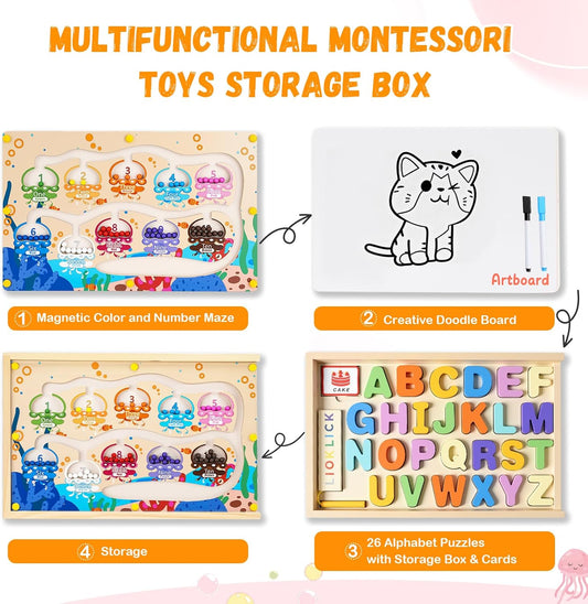 4-in-1 Magnetic Color and Number Maze Toys Box with Alphabet Puzzles Drawing Board, Wooden Storage Montessori Toy for 3-5 Year Old, Toddlers Educational Learning Toy Gifts for Kids Boys Girls