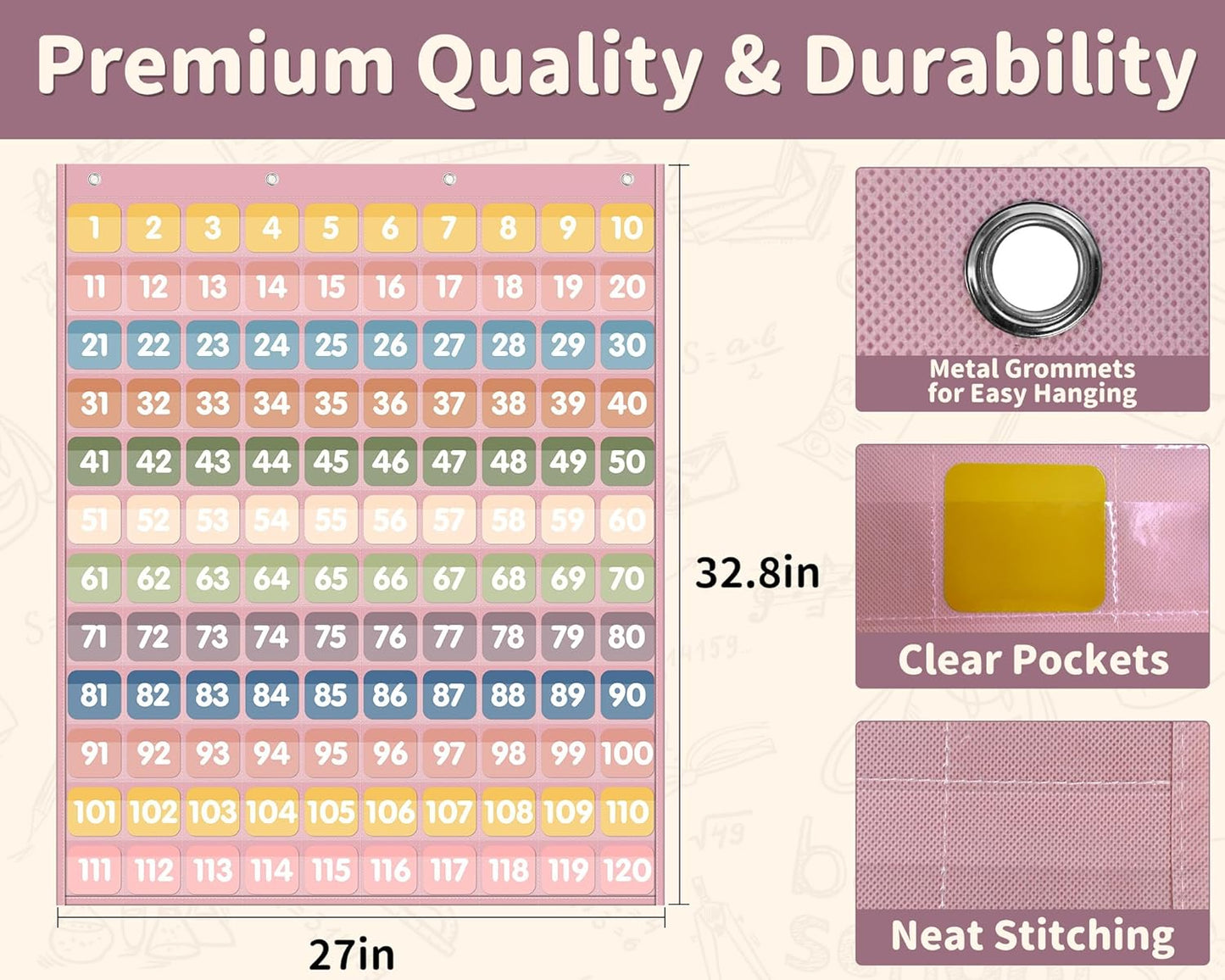 Yoink 100 Pockets Number Chart with 120 Double-Sided Number Cards, Boho Hundred Pocket Chart for Classroom Homeschool Teachers Kids Learning, Pink