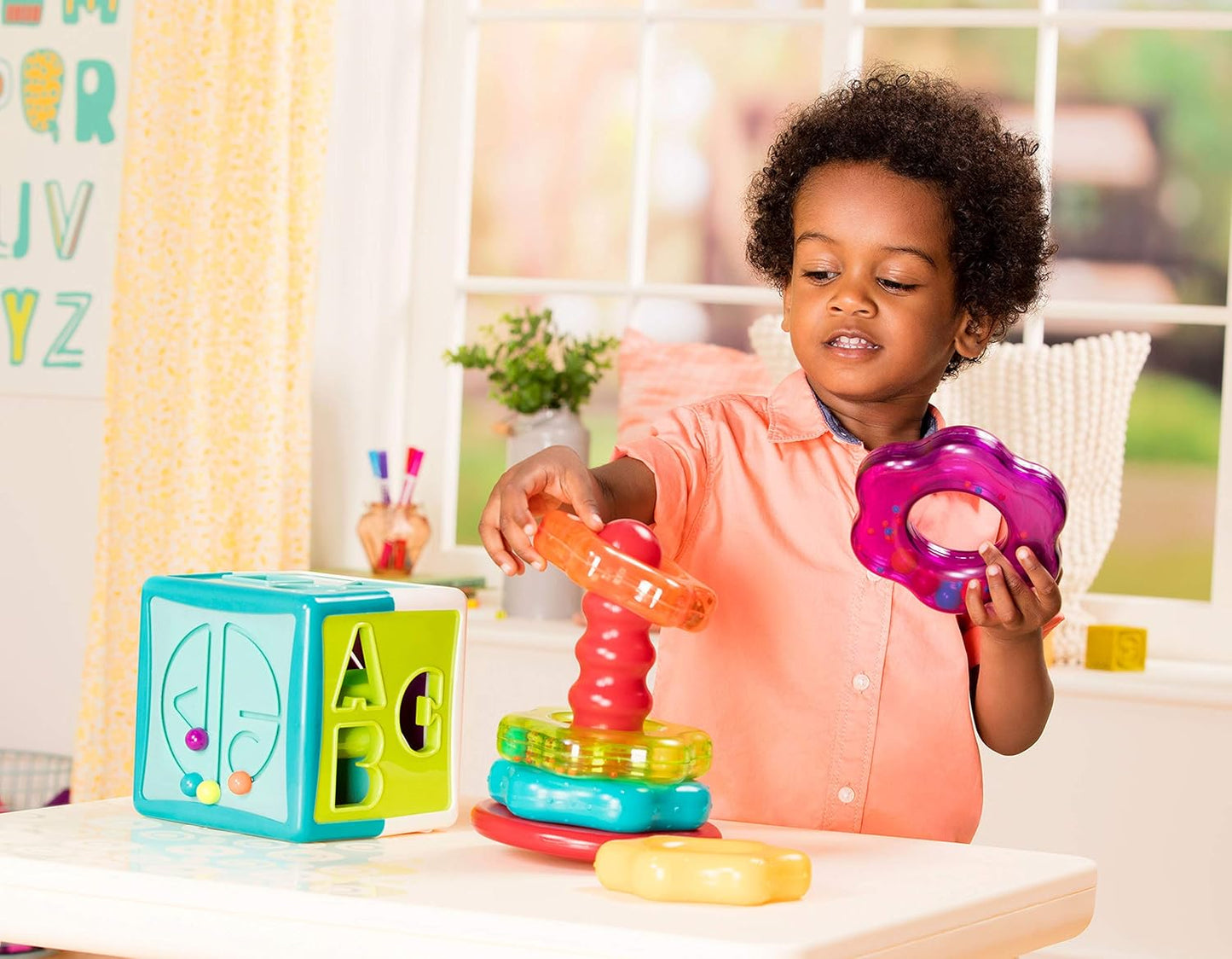 Battat – Shapes, Numbers & Letters – Toddler Sorting Activity Cube – Dexterity Toy – Bead Maze – 2+ Years – Shape Sorter Cube