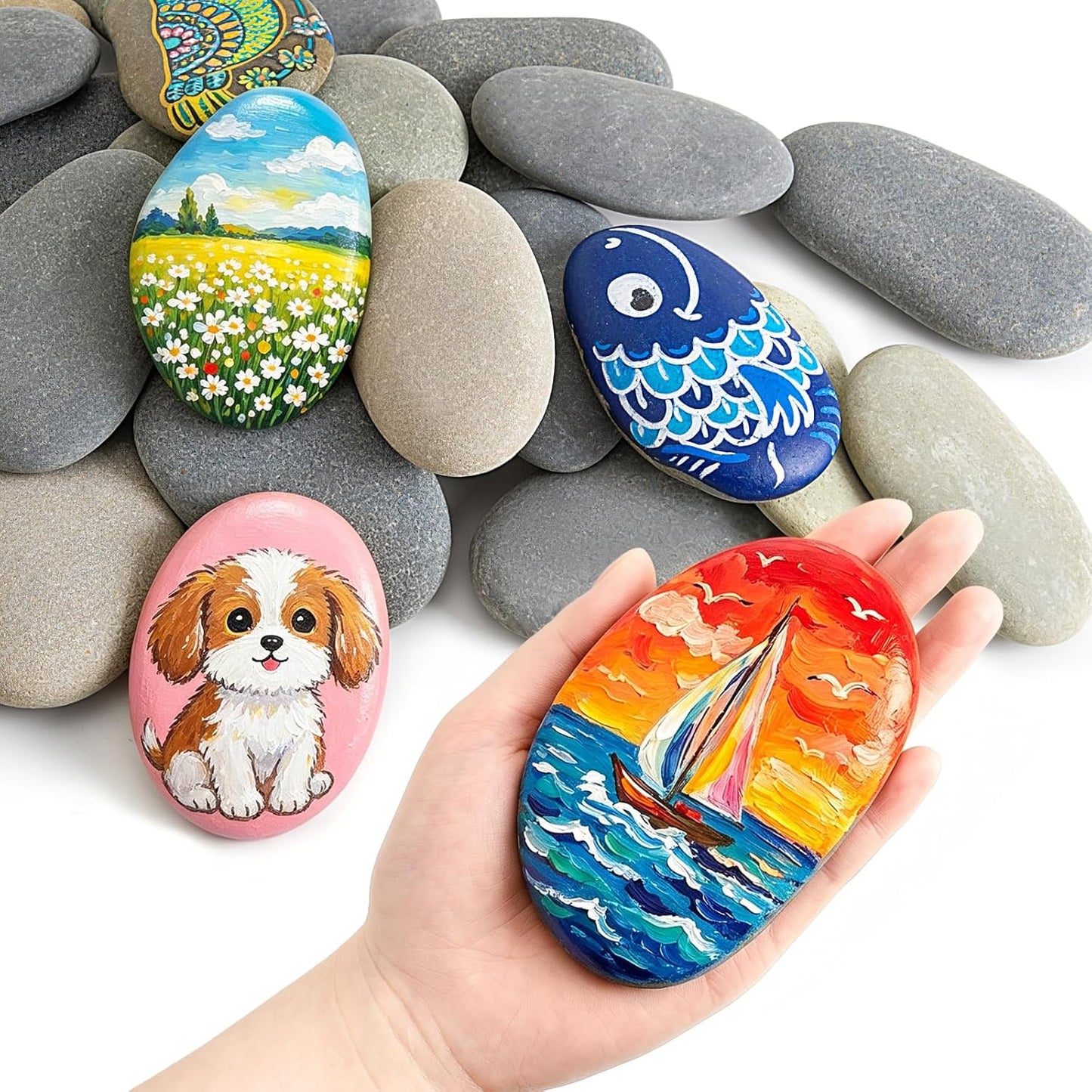 Simetufy 15 Pcs Rocks for Painting, River Rocks to Paint, 2"-3" Flat Painting Rocks, Smooth Rocks for Crafts, Natural Stones for DIY, Kindness Rocks Garden Decoration