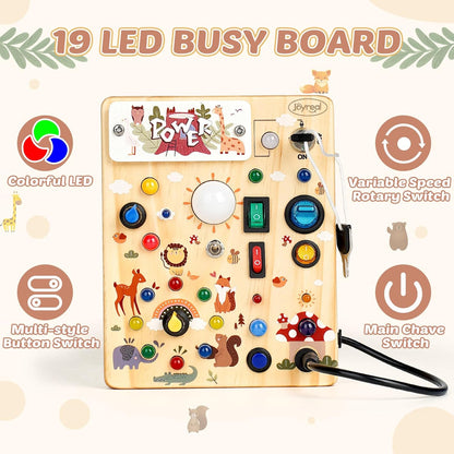 Joyreal Wooden Busy Board with LED Light, Montessori Toddler Toys, Wooden Sensory Board, Toddlers Activity Travel Toys for Boy & Girl Birthday Gift (Farm Theme)