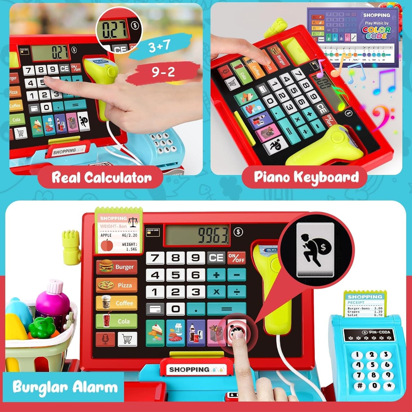 Kids Cash Register Toy Playset, Toddler Prentend Play Store with Real Calculator Cash Register with Scanner/Credit Card/Play Money/Food, Learning Toys for Boys Girls Toddlers(Pink)