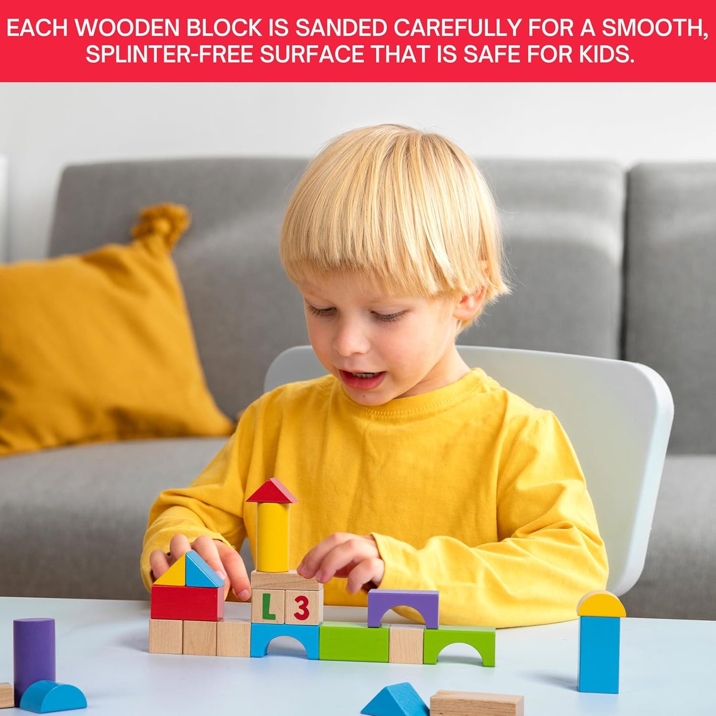 Alphabet Number Wooden Building Blocks Set -100 Blocks in 5 Water Paint Colors and 7 Shapes. Preschool Montessori Kids Baby Toys. Stacking Learning Toys for Toddlers. Age 18 Months +