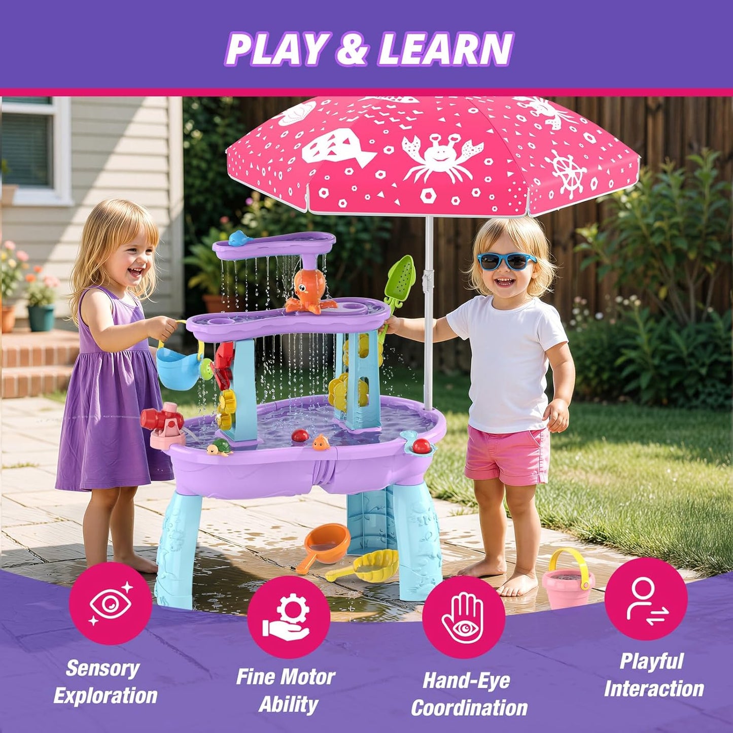 Wee Wonders 3-Tier Water Table for Toddlers, Kids Sand Water Table with Adjustable Umbrella, Sand Toys & Fishing Game, Sensory Table Activity Playset for Outdoor Beach, Summer Toys for Girls Boys 3-5