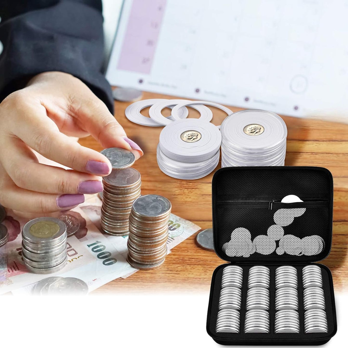 PAIYULE 96 Pieces 46mm Coin Capsules, with Foam Gasket and Plastic Storage Organizer Box, 6 Sizes (20/25/27/30/38/46mm) Coins Collector Case Holder for Coin Collection Supplies(Black)