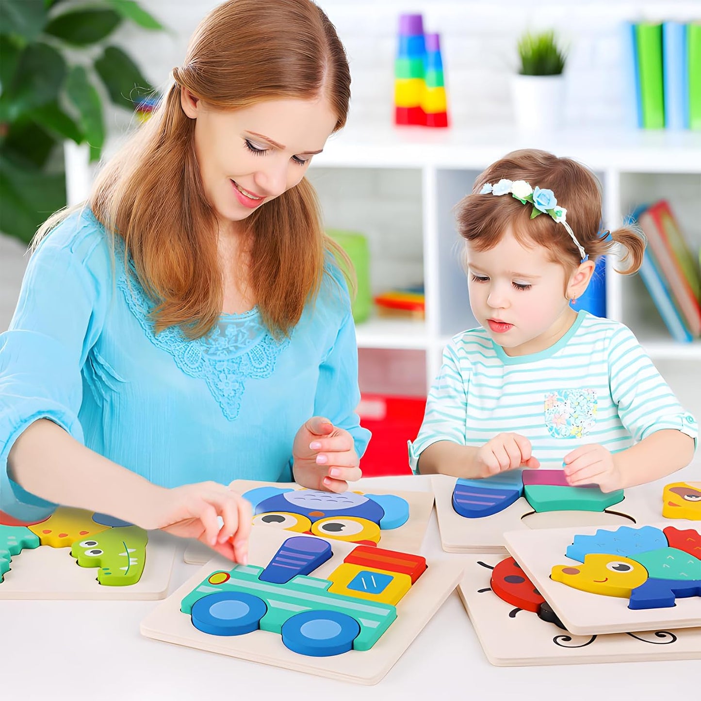 QZMTOY Wooden Puzzles for Toddlers, Wooden Alphabet Number Shape Puzzles Toddler Learning Puzzle Toys for Kids, 3 in 1 Puzzle for Toddlers, Age 3+ (Set of 3)