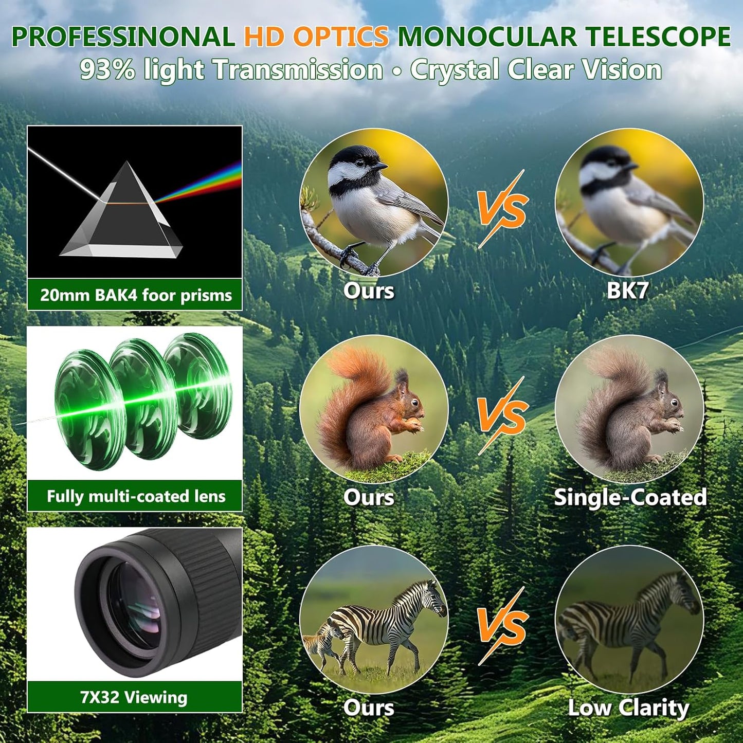 2026 New ED+LAK 12X33 Handheld Monocular Telescope Waterproof with Phone Adapter,PXA&FMC&BAK4 Lens,Ultra Clear High Power Pocket Small Compact Monocular for Kids&Adults Travel Birdwatching Hiking