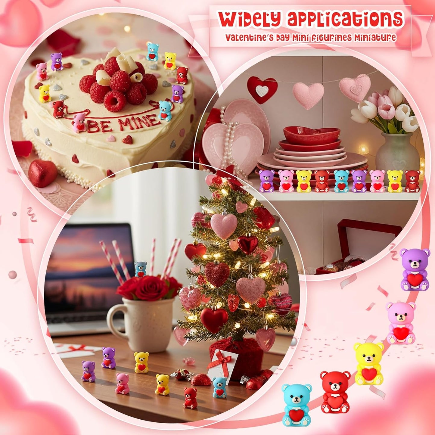 Gerrii 50 Pcs Mini Teddy Bears Bulk Small Miniature Figurines Rubber Mini Bears Tiny Little Heart for Home Desktop Landscape Counting Manipulatives Valentines Day (Colorful)