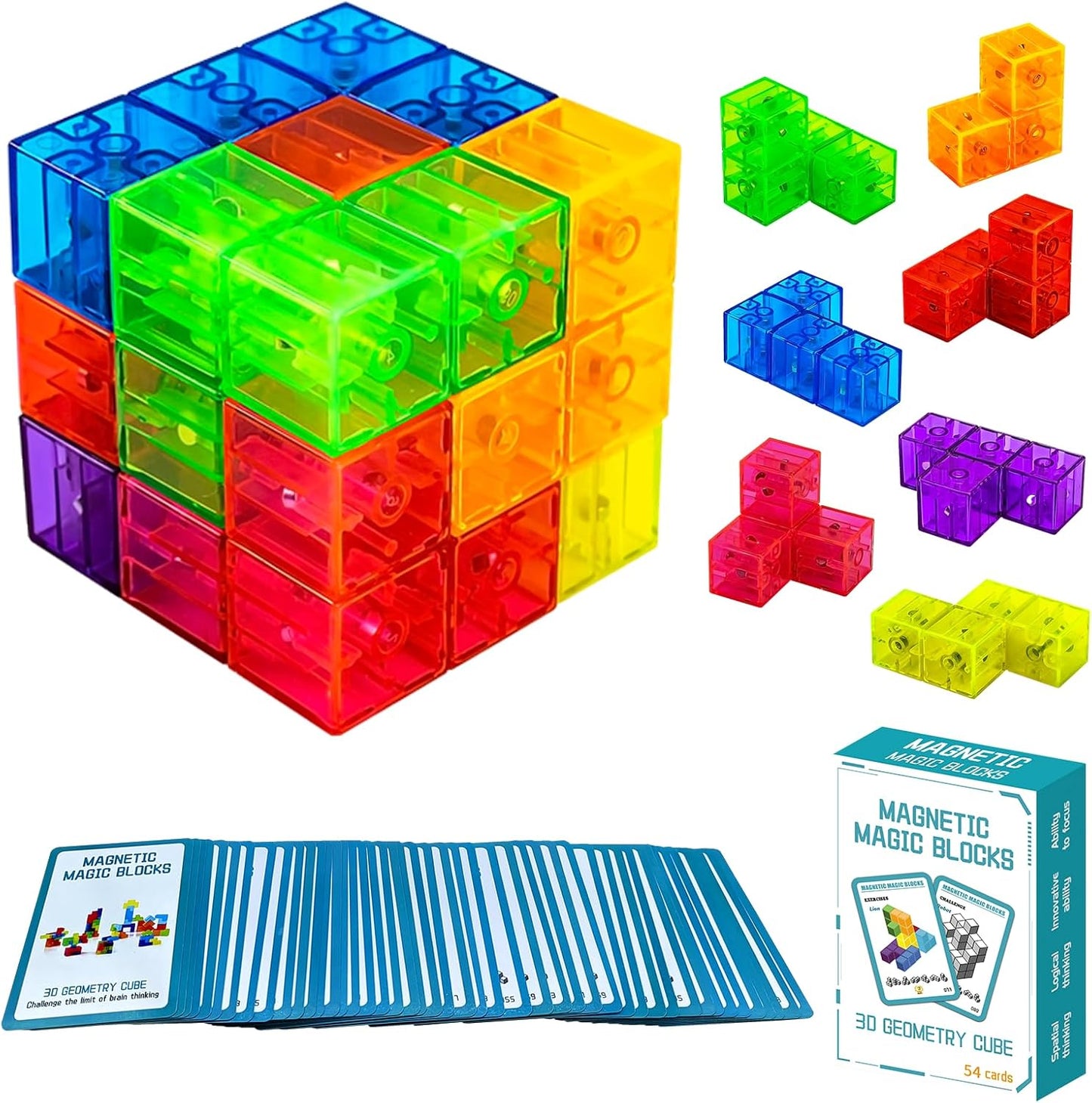 Magnetic Building Blocks Magic Magnetic 3D Puzzle Cubes, Set of 7 Multi Shapes Magnetics Blocks with 54 Guide Cards, Children's Educational Toys and Stress Relief Fidget Toys for Kids Adults