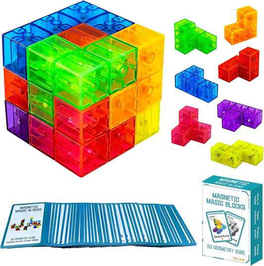 Magnetic Building Blocks Magic Magnetic 3D Puzzle Cubes, Set of 7 Multi Shapes Magnetics Blocks with 54 Guide Cards, Children's Educational Toys and Stress Relief Fidget Toys for Kids Adults
