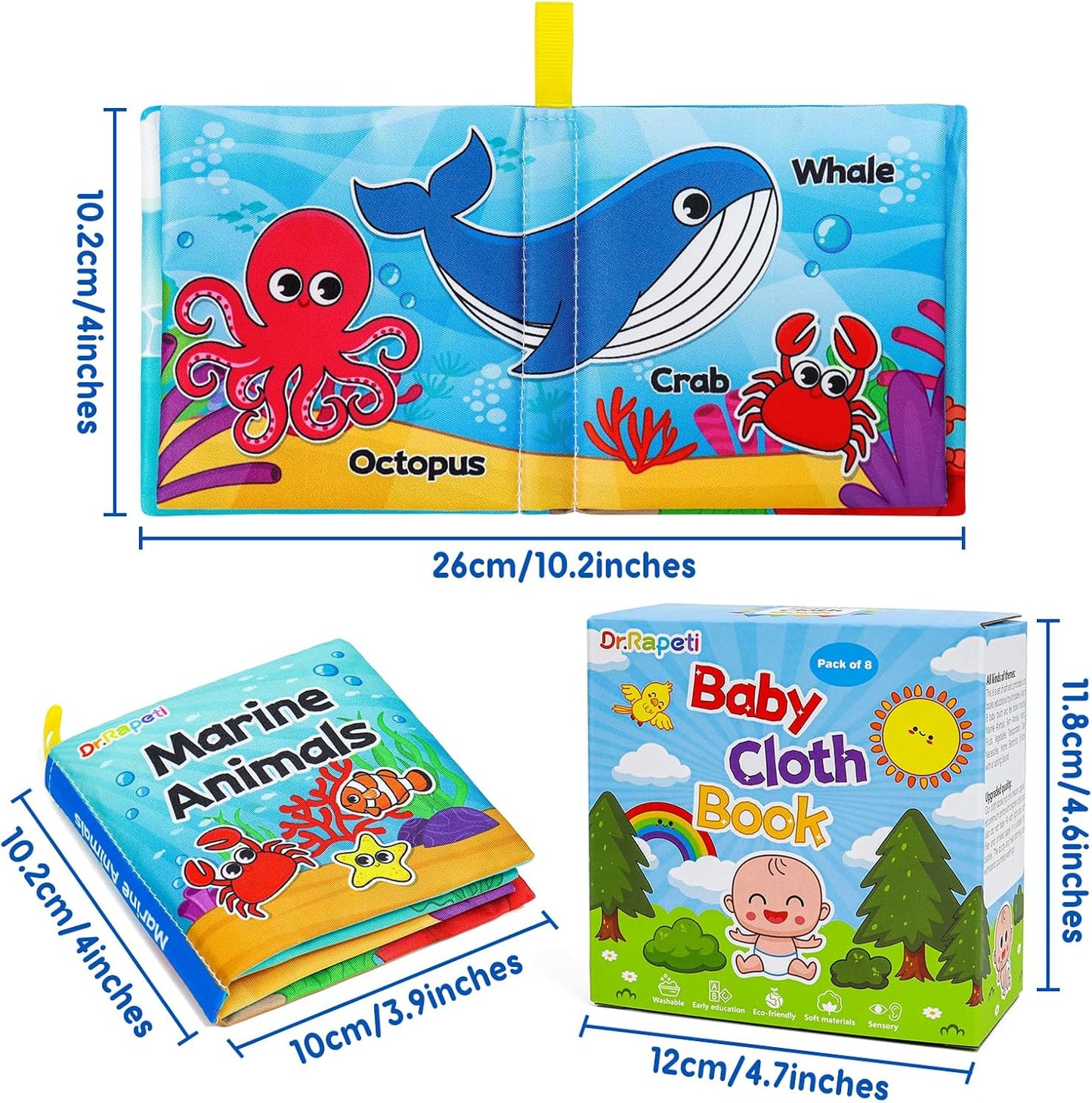 Dr.Rapeti 8-Pack Soft Cloth Books Baby Bath Books Crinkle Washable Chewable Early Educational Preschool Learning Giftable for Infant Toddler Kid