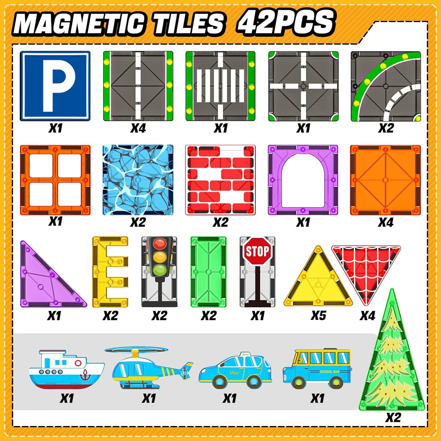 KAEILORU Magnetic Tiles Road Set with Car Magnet Building Tile Toys for Kids Ages 3-5 4-8 5-7 Magnetic Blocks Expansion Pack STEM Construction Valentines Toys Boy Girl Toddler Birthday Gift 42pcs