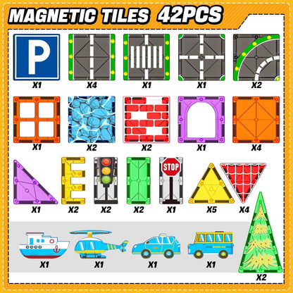 KAEILORU Magnetic Tiles Road Set with Car Magnet Building Tile Toys for Kids Ages 3-5 4-8 5-7 Magnetic Blocks Expansion Pack STEM Construction Valentines Toys Boy Girl Toddler Birthday Gift 42pcs